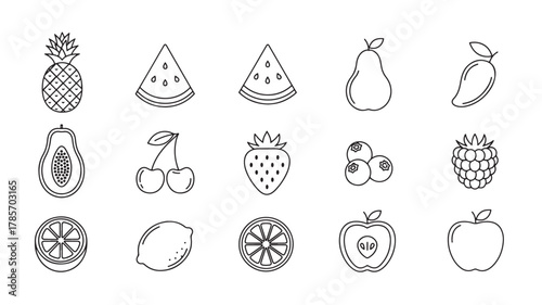 Collection of fruit icons in a line art style, isolated on white background