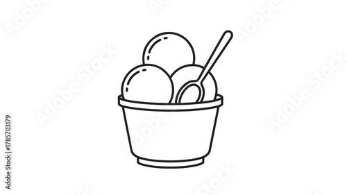 Simple line art illustration of three scoops of ice cream in a cup with a spoon, isolated on white background