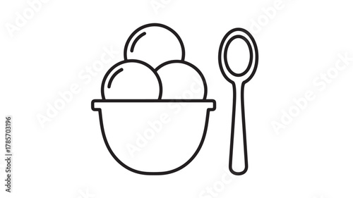 Simple line art icon of a bowl of ice cream scoops with a spoon isolated on white background