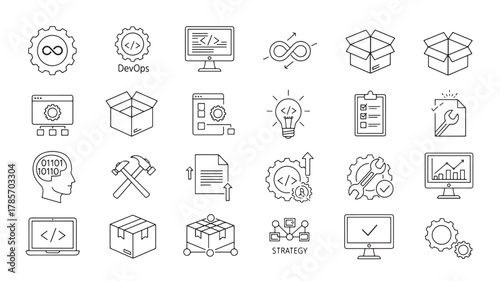 Collection of line icons representing devops concepts, software development, and business strategy