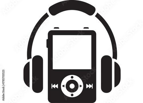 Black and white icon of a portable music player with headphones isolated on white background