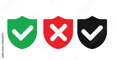 Security shield icons set with check mark and cross symbol — safety approval and protection concept, flat vector illustration