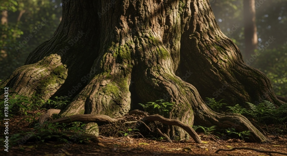 Obraz premium A large, gnarled tree trunk with moss and roots in a dense forest setting.