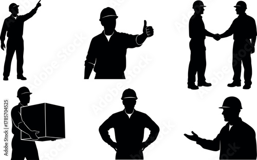 Construction worker silhouette set, black illustration, teamwork and gestures, hard hat icons, labor interaction poses, industrial job concept, communication scene