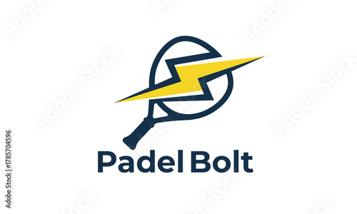 Minimalist vector logo of a padel tennis racket with a yellow lightning bolt. Energetic and dynamic sports design ideal for branding, clubs, tournaments, and athletic identity.