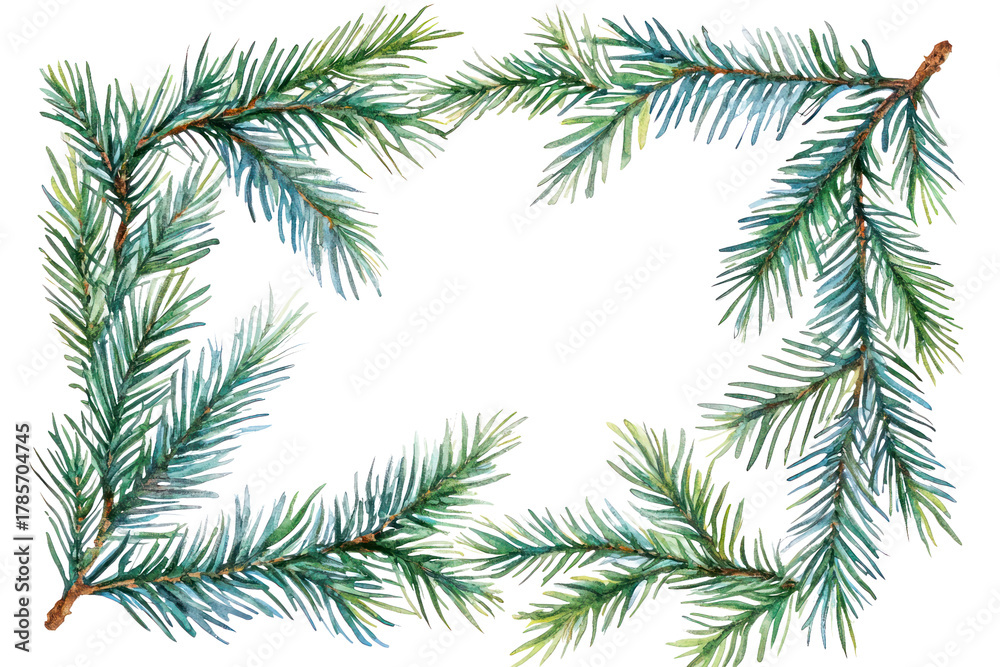 Obraz premium Watercolor illustration of pine branches creating a natural frame with vibrant green needles and soft textures, ideal for seasonal designs and decorations. Isolated on transparent background.