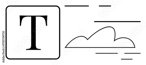 Bold letter T in square frame alongside a simplified cloud and abstract lines. Ideal for communication, creativity, simplicity, technology, innovation, branding, marketing, minimalist flat metaphor