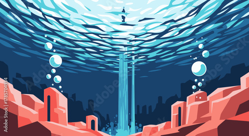 A mesmerizing digital illustration captures a fantastical underwater world featuring ancient coral-like structures, a powerful light beam, and a shimmering water surface.