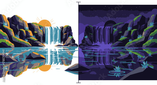 A charming pixel art illustration presents a beautiful waterfall landscape, contrasting vibrant daytime serenity with tranquil, mysterious nighttime ambiance.