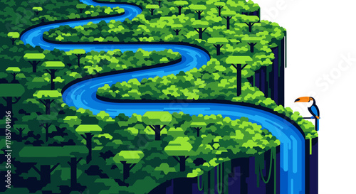 A vibrant pixel art illustration depicts a winding blue river flowing through a dense tropical forest, culminating in a majestic waterfall where a toucan perches.