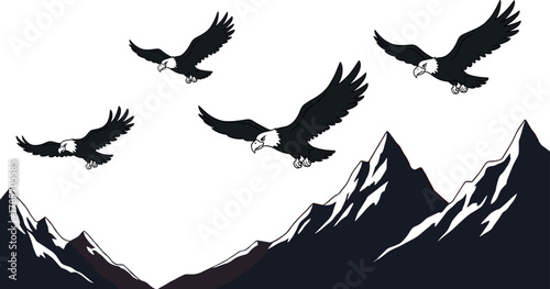 Bald eagles flying over snow-capped mountains, dramatic wildlife silhouette vector illustration for decor, logo, editorial, tattoo, and nature-themed design useg