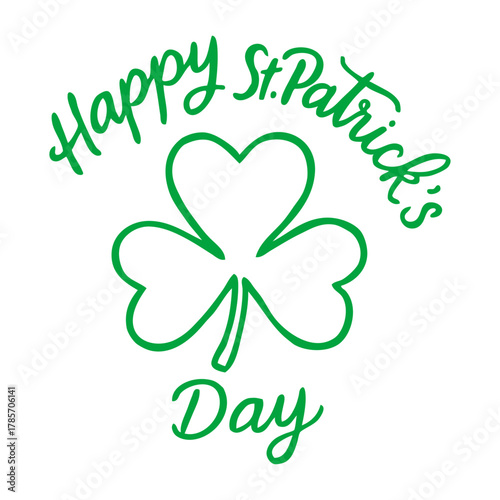 Día de San Patricio. Logo con texto manuscrito Happy St. Patrick's Day con trébol con líneas para felicitaciones y tarjetas