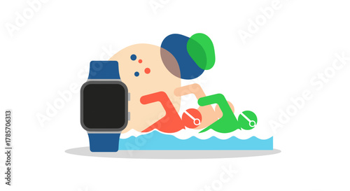 A vibrant illustration showcases a smartwatch alongside colorful swimmers, perfect for fitness and health tracking during aquatic activities.
