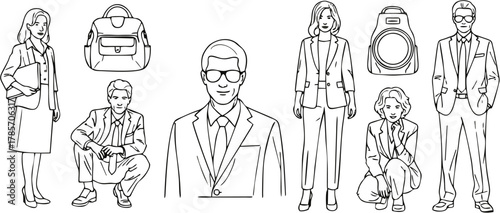 Set of vector line art illustrations featuring business people in formal suits and modern backpacks, isolated drawing collection