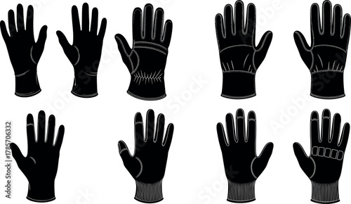 Black and white glove icon set, various glove styles and textures illustration, ergonomic and fashion design concept, vector handwear comparison graphic