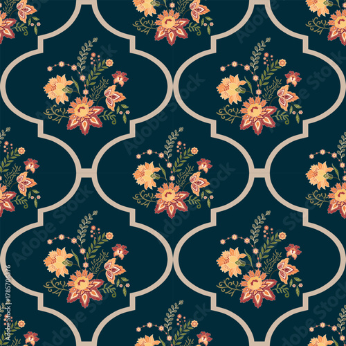 Vector Hand drawn colourful geometric flowers Motifs African boho paisley, seamless patterns with floral for fabric Ethnic Indian Pattern, textiles, clothing, wrapping paper, backdrop, banner.
