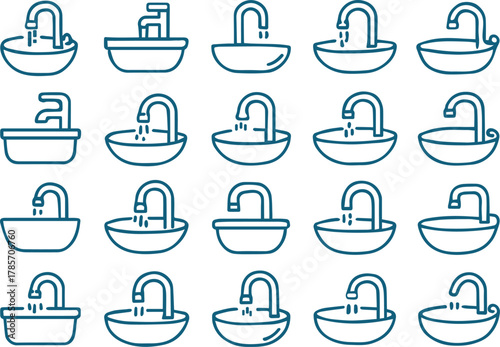 Collection of sink icons isolated on white background a variety of modern and classic sink designs for bathroom and kitchen applications