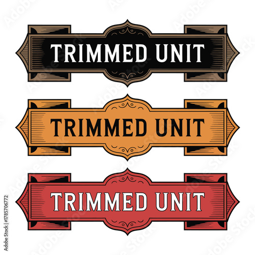 Stylish decorative signs with "Trimmed Unit" text in vintage wooden frames