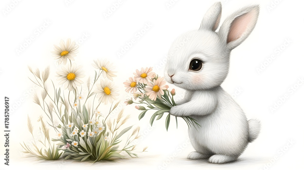 Obraz premium Cute white bunny holds flowers in a vibrant garden during springtime