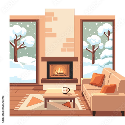 Cozy Winter Living Room with Fireplace and Snowy View in Pixel Art Style