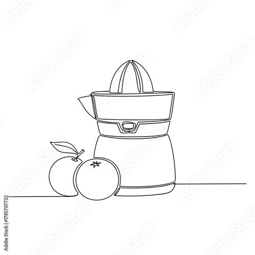 Citrus juicer with oranges in one-line minimal drawing style