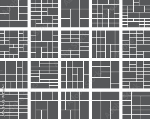 Collection of twenty geometric photo collage grid layouts for album design