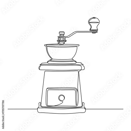 Manual coffee grinder in one-line minimal drawing style