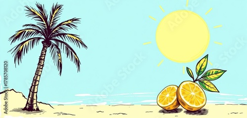 Fototapeta Naklejka Na Ścianę i Meble -  Grunge sketch style illustration of lemon, palm tree, and sun, evoking Italian/Greek vacation, scribble, italy