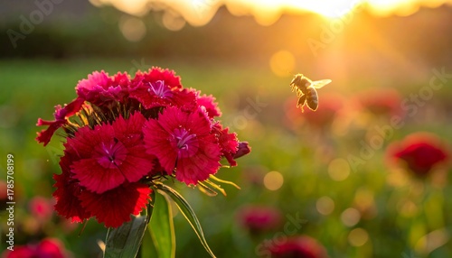 Vibrant red flowers stand out as a bee flies nearby, bathed in golden sunlight in a grassy field at sunset