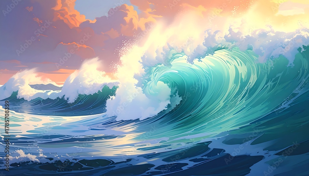 Fototapeta premium Vivid, stylized ocean waves cresting under a pastel sunset sky with fluffy clouds in the distance