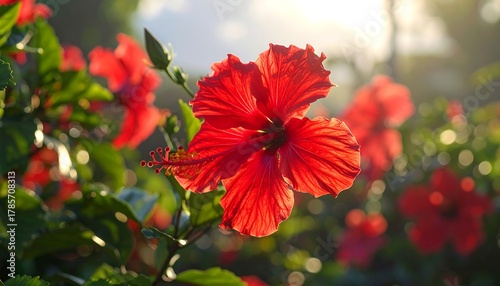 Vibrant red hibiscus blossoms bathed in soft sunlight, framed by green foliage, create a beautiful, natural scene