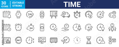 Time and Clock web icons in line style. Calendar, timer, time, stopwatch, countdown, collection. editable. Vector illustration.