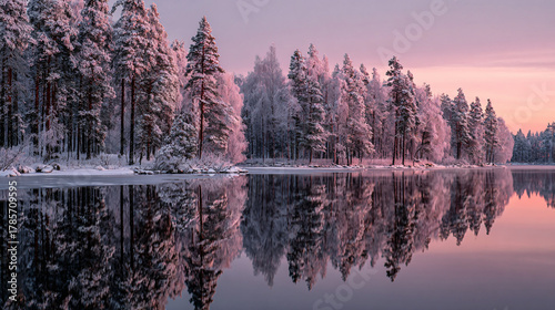 Fototapeta Naklejka Na Ścianę i Meble -  Christmas frozen forest reflecting pink dawn 