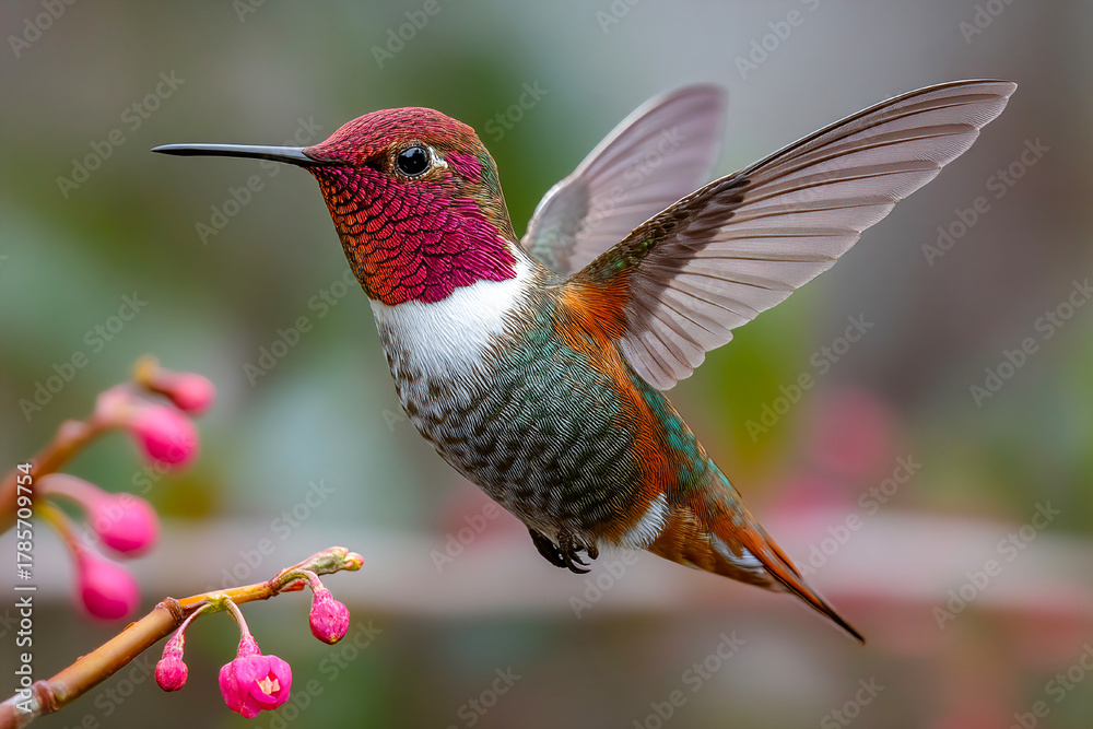 Obraz premium Beautiful hummingbird hovers mid-air near pink flowers in a garden Generative AI