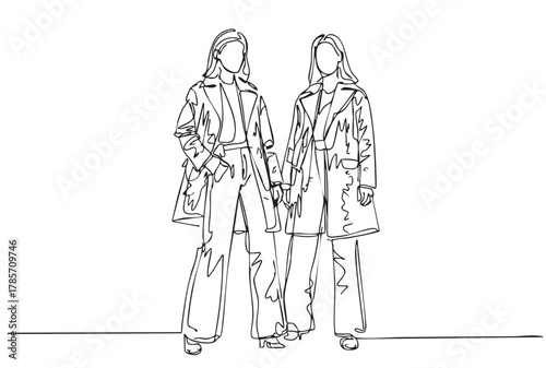 primitive line doodles sketch fashion models in very wide jeans, pants and coat