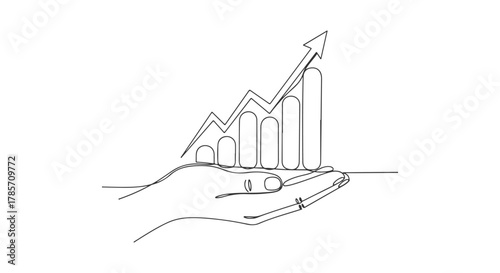 Continuous Line Drawing of a Hand Holding a Growing Bar Chart with Upward Arrow Symbolizing Success and Growth