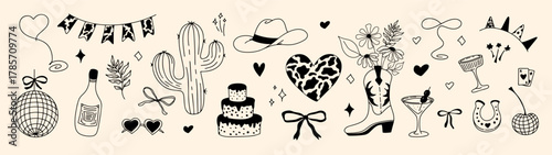 A playful collection of hand-drawn western and disco-themed doodles featuring cowboy hats, boots, and festive accents. Perfect for invitations and retro designs.