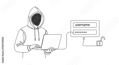 Continuous one line drawing of a hooded hacker committing cybercrime, illustrating a digital security breach and password theft