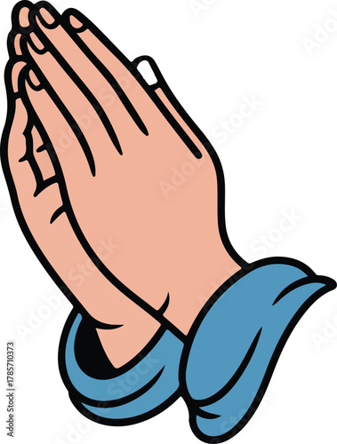 Praying hands vector illustration with light skin tone and blue cuffs representing spirituality and hope
