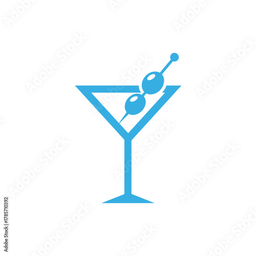 A minimalist blue martini glass logo with two olives on a skewer, depicted as a simple graphic illustration on a white background.
