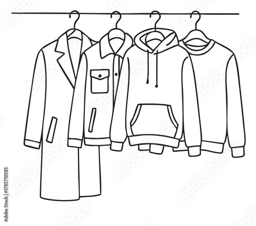 Wardrobe sketch. Clothes on the hangers. Coats and hoodies on hangers