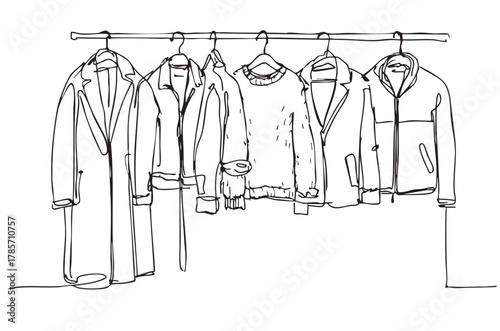 Doodles Wardrobe sketch. Clothes on the hangers. Coats and sweaters on hangers