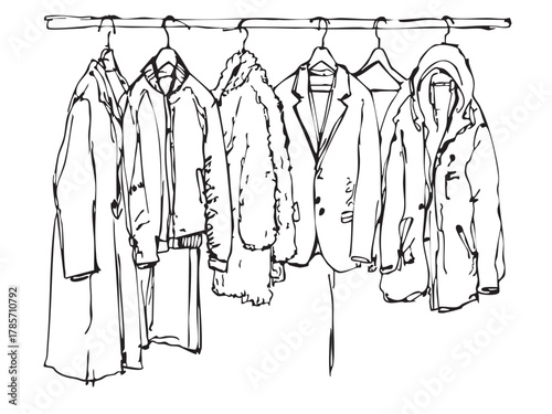 Doodles Wardrobe sketch. Clothes on the hangers. Coats and jackets on hangers