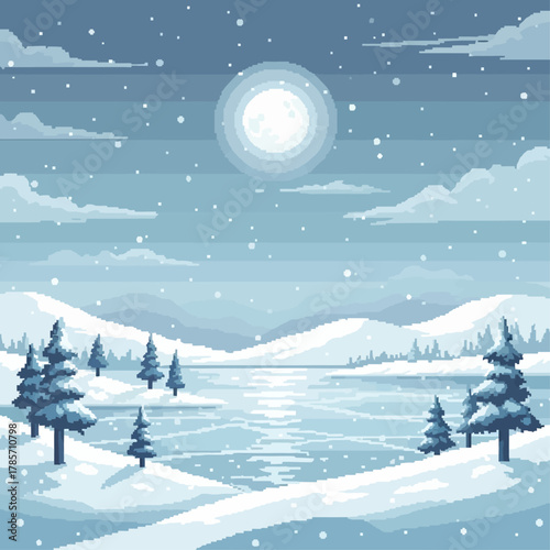 A tranquil pixelated winter scene showing a full moon over a snow-covered landscape and a frozen lake