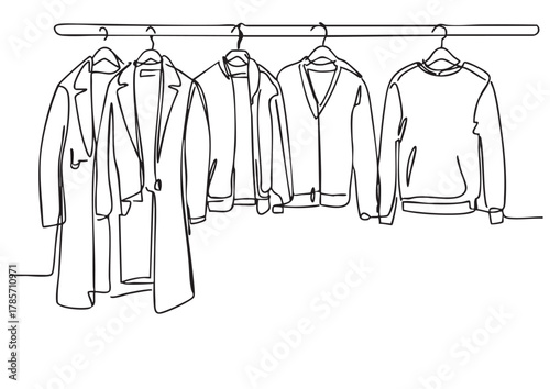 Doodles Wardrobe sketch. Clothes on the hangers. Coats and sweaters on hangers
