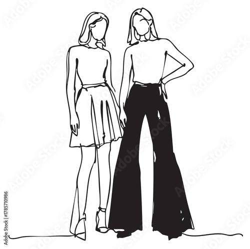 primitive line doodles sketch fashion models in very wide jeans, pants