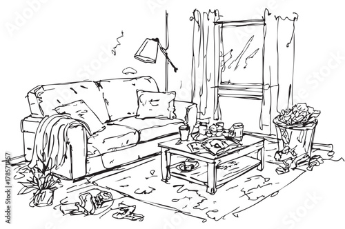line sketch dirty living room