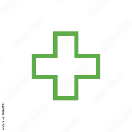 A green plus sign, a symbol of addition, medicine, healthcare, and positive reinforcement, on a white background.