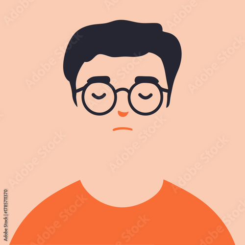 Minimalist flat vector portrait of calm man with short black hair and glasses wearing orange shirt with eyes closed expression
