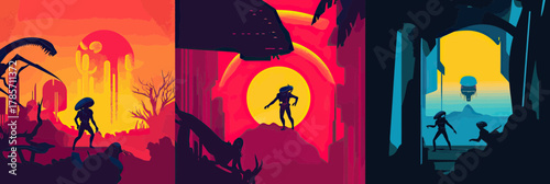 Alien invasion scenes with futuristic humanoid figures and robots in colorful minimalist flat vector style triptych poster set with dramatic backgrounds and sci-fi elements